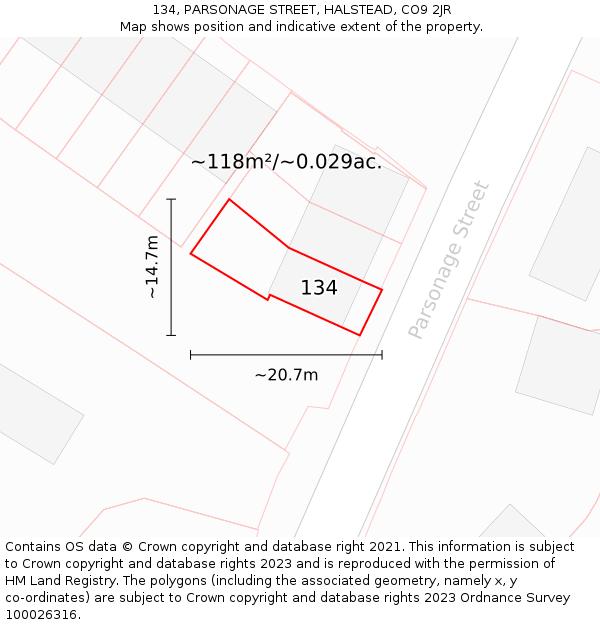 134, PARSONAGE STREET, HALSTEAD, CO9 2JR: Plot and title map