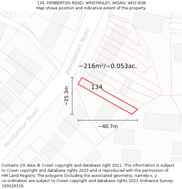 134, PEMBERTON ROAD, WINSTANLEY, WIGAN, WN3 6DB: Plot and title map