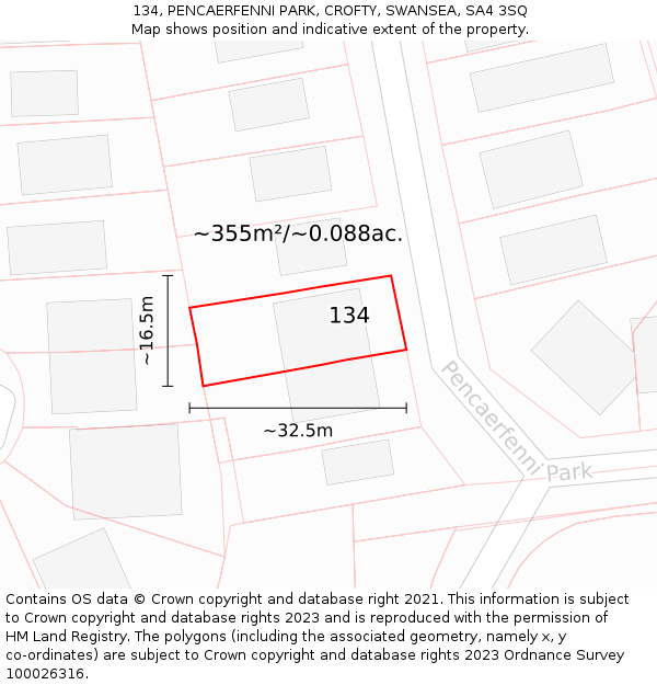 134, PENCAERFENNI PARK, CROFTY, SWANSEA, SA4 3SQ: Plot and title map