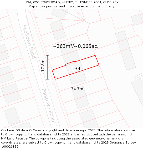134, POOLTOWN ROAD, WHITBY, ELLESMERE PORT, CH65 7BX: Plot and title map