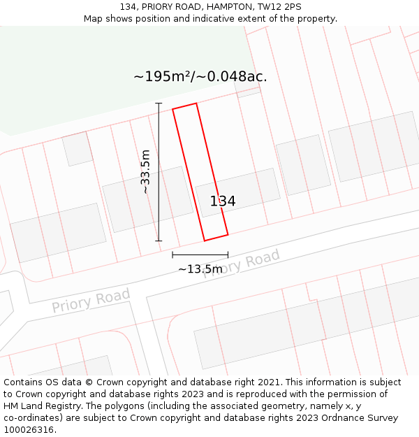 134, PRIORY ROAD, HAMPTON, TW12 2PS: Plot and title map