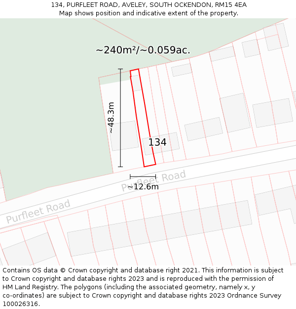 134, PURFLEET ROAD, AVELEY, SOUTH OCKENDON, RM15 4EA: Plot and title map