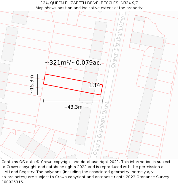 134, QUEEN ELIZABETH DRIVE, BECCLES, NR34 9JZ: Plot and title map