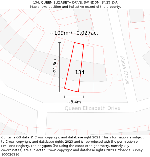 134, QUEEN ELIZABETH DRIVE, SWINDON, SN25 1XA: Plot and title map