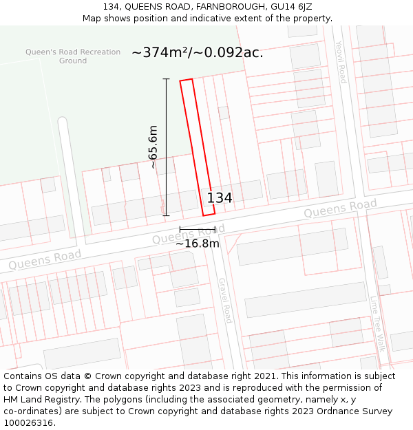 134, QUEENS ROAD, FARNBOROUGH, GU14 6JZ: Plot and title map