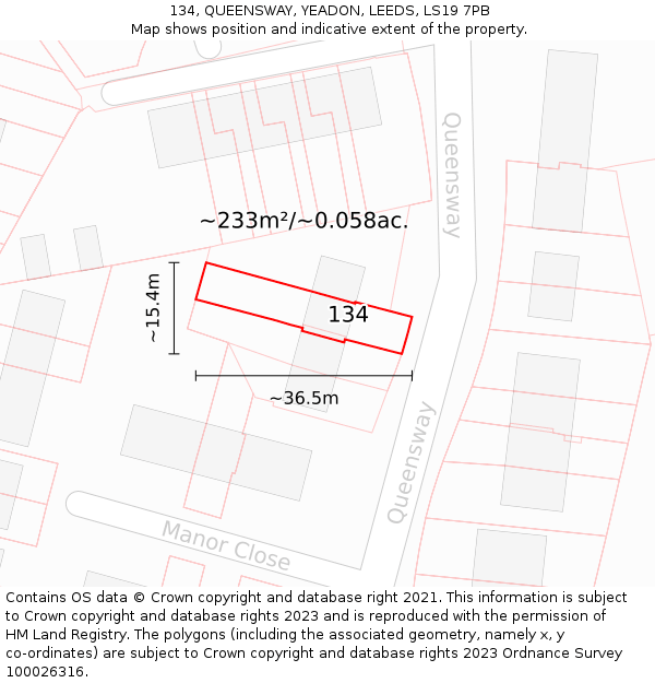 134, QUEENSWAY, YEADON, LEEDS, LS19 7PB: Plot and title map