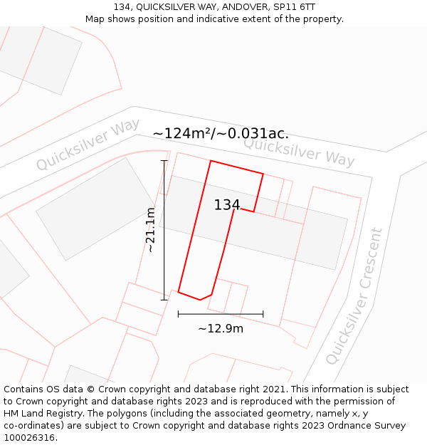 134, QUICKSILVER WAY, ANDOVER, SP11 6TT: Plot and title map