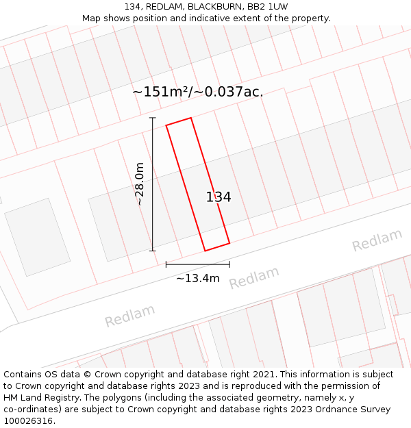 134, REDLAM, BLACKBURN, BB2 1UW: Plot and title map