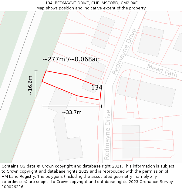 134, REDMAYNE DRIVE, CHELMSFORD, CM2 9XE: Plot and title map