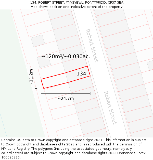 134, ROBERT STREET, YNYSYBWL, PONTYPRIDD, CF37 3EA: Plot and title map