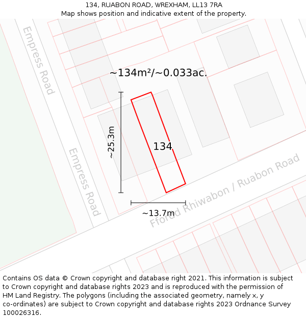 134, RUABON ROAD, WREXHAM, LL13 7RA: Plot and title map