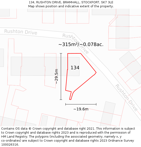 134, RUSHTON DRIVE, BRAMHALL, STOCKPORT, SK7 3LE: Plot and title map