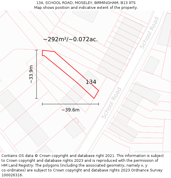134, SCHOOL ROAD, MOSELEY, BIRMINGHAM, B13 9TS: Plot and title map