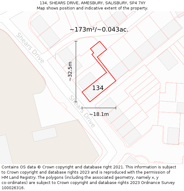 134, SHEARS DRIVE, AMESBURY, SALISBURY, SP4 7XY: Plot and title map