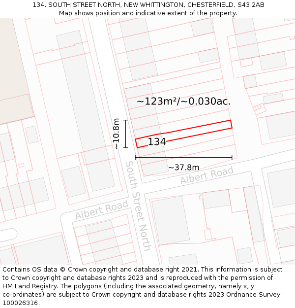 134, SOUTH STREET NORTH, NEW WHITTINGTON, CHESTERFIELD, S43 2AB: Plot and title map