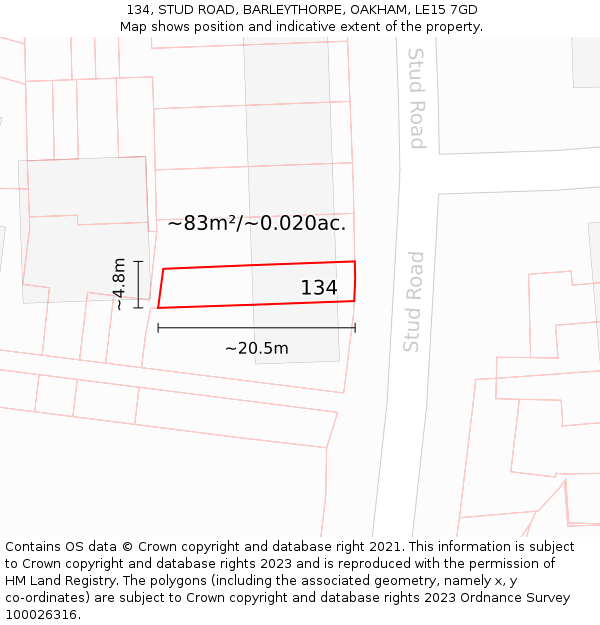 134, STUD ROAD, BARLEYTHORPE, OAKHAM, LE15 7GD: Plot and title map