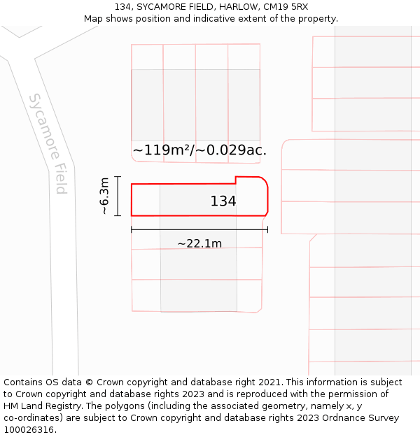 134, SYCAMORE FIELD, HARLOW, CM19 5RX: Plot and title map
