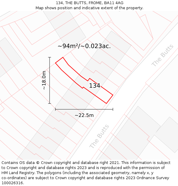 134, THE BUTTS, FROME, BA11 4AG: Plot and title map
