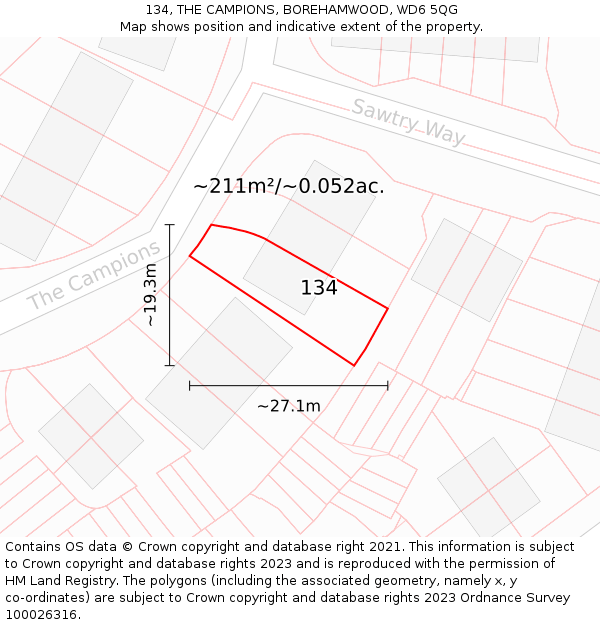 134, THE CAMPIONS, BOREHAMWOOD, WD6 5QG: Plot and title map