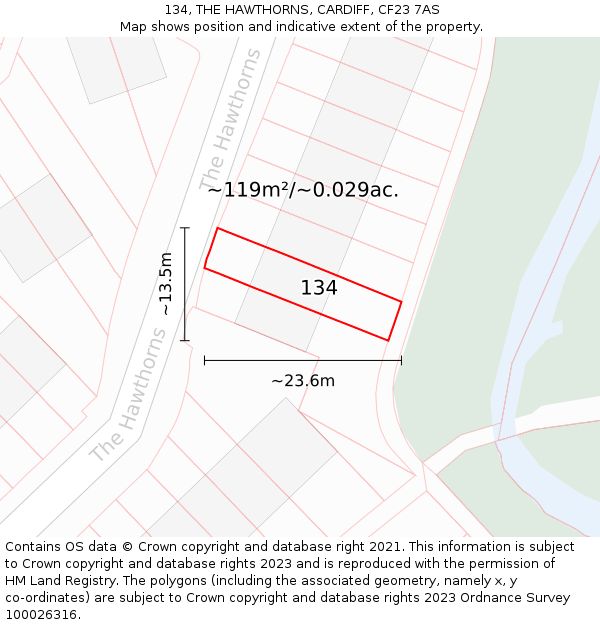134, THE HAWTHORNS, CARDIFF, CF23 7AS: Plot and title map