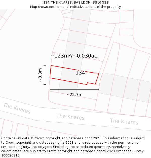 134, THE KNARES, BASILDON, SS16 5SS: Plot and title map