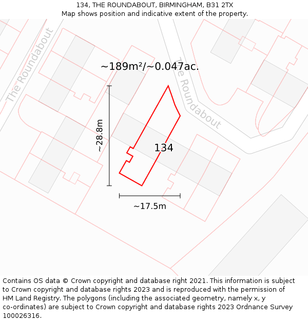 134, THE ROUNDABOUT, BIRMINGHAM, B31 2TX: Plot and title map
