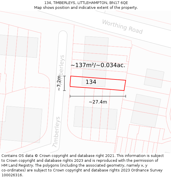 134, TIMBERLEYS, LITTLEHAMPTON, BN17 6QE: Plot and title map