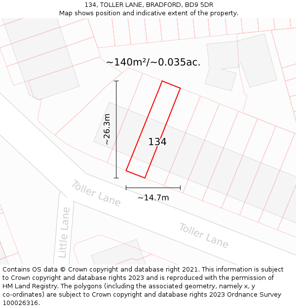134, TOLLER LANE, BRADFORD, BD9 5DR: Plot and title map