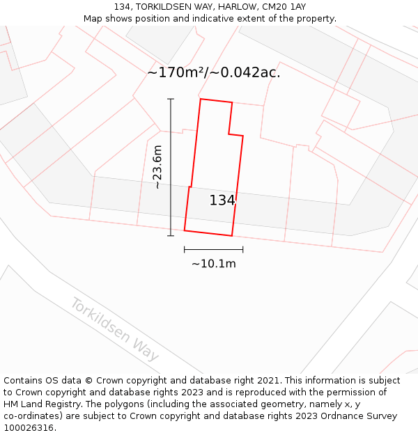 134, TORKILDSEN WAY, HARLOW, CM20 1AY: Plot and title map