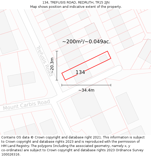 134, TREFUSIS ROAD, REDRUTH, TR15 2JN: Plot and title map