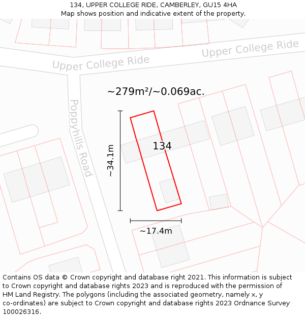 134, UPPER COLLEGE RIDE, CAMBERLEY, GU15 4HA: Plot and title map