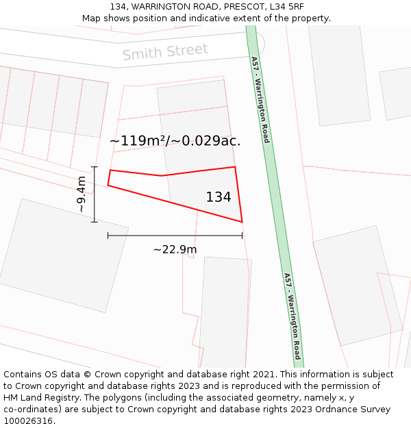 134, WARRINGTON ROAD, PRESCOT, L34 5RF: Plot and title map
