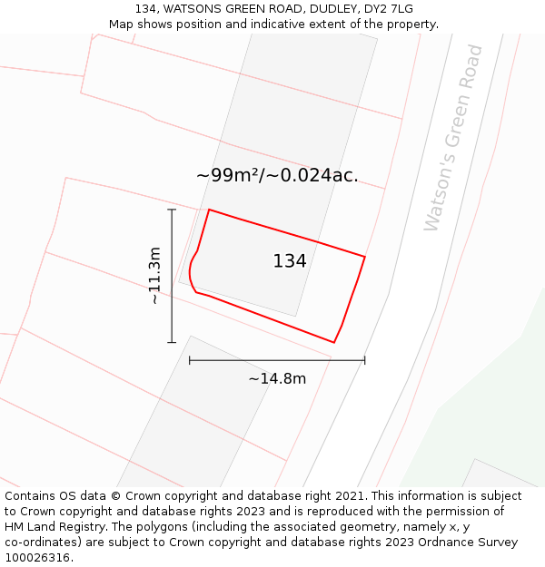 134, WATSONS GREEN ROAD, DUDLEY, DY2 7LG: Plot and title map