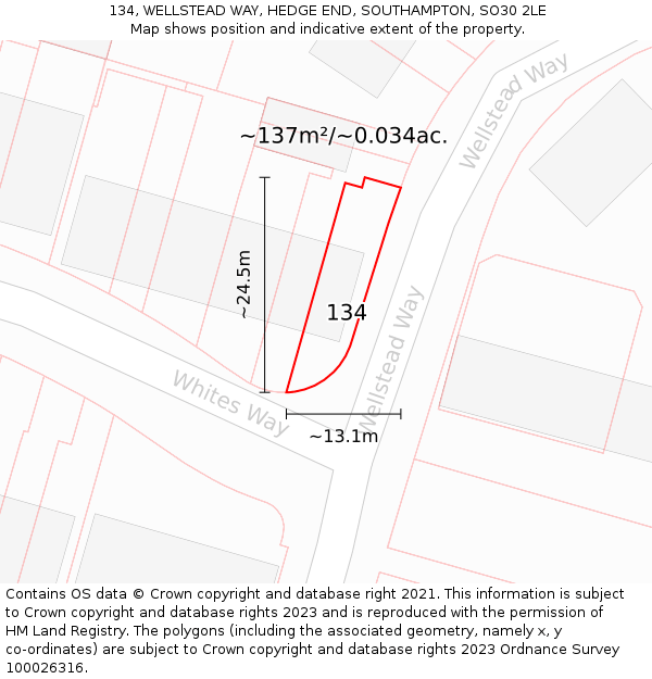 134, WELLSTEAD WAY, HEDGE END, SOUTHAMPTON, SO30 2LE: Plot and title map