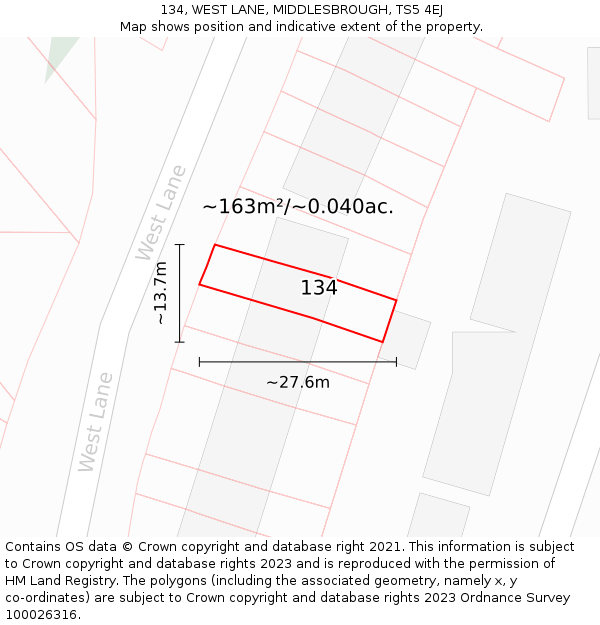 134, WEST LANE, MIDDLESBROUGH, TS5 4EJ: Plot and title map