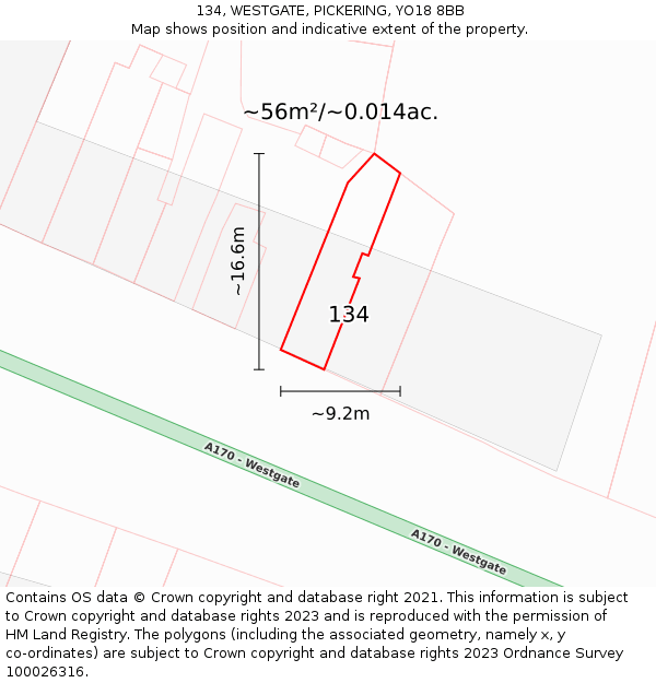 134, WESTGATE, PICKERING, YO18 8BB: Plot and title map