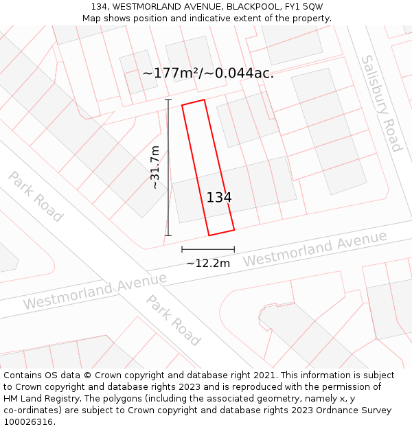 134, WESTMORLAND AVENUE, BLACKPOOL, FY1 5QW: Plot and title map