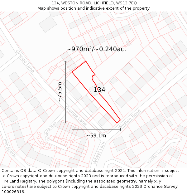 134, WESTON ROAD, LICHFIELD, WS13 7EQ: Plot and title map