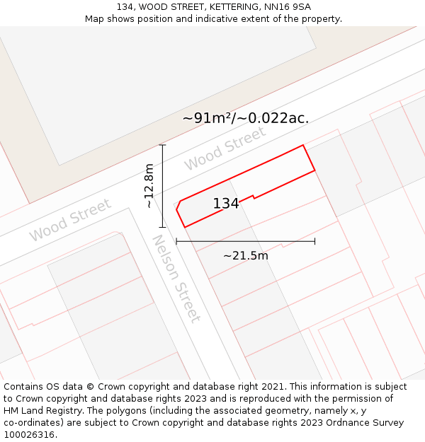 134, WOOD STREET, KETTERING, NN16 9SA: Plot and title map