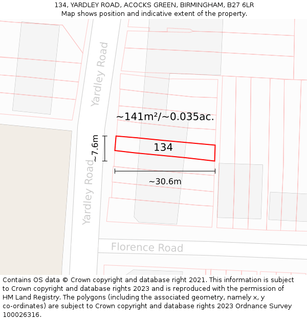 134, YARDLEY ROAD, ACOCKS GREEN, BIRMINGHAM, B27 6LR: Plot and title map