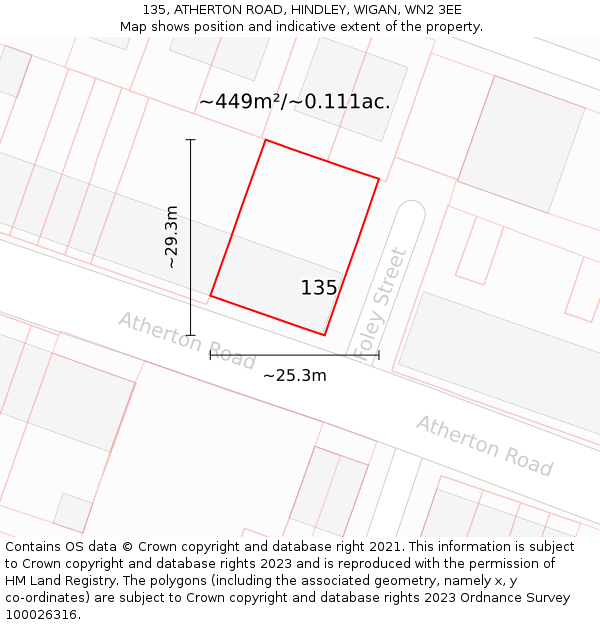 135, ATHERTON ROAD, HINDLEY, WIGAN, WN2 3EE: Plot and title map