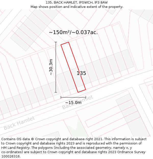 135, BACK HAMLET, IPSWICH, IP3 8AW: Plot and title map