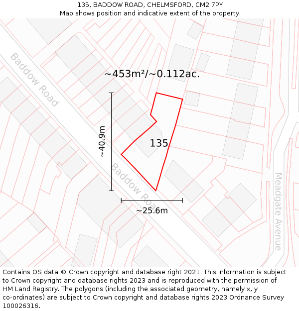 135, BADDOW ROAD, CHELMSFORD, CM2 7PY: Plot and title map
