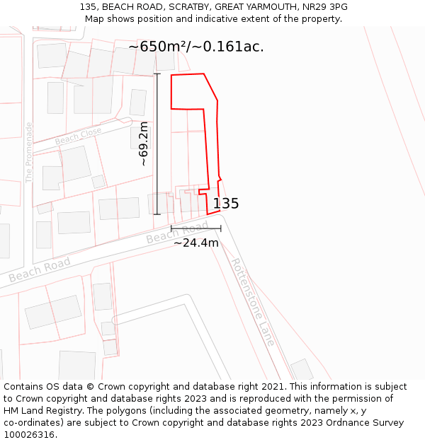 135, BEACH ROAD, SCRATBY, GREAT YARMOUTH, NR29 3PG: Plot and title map