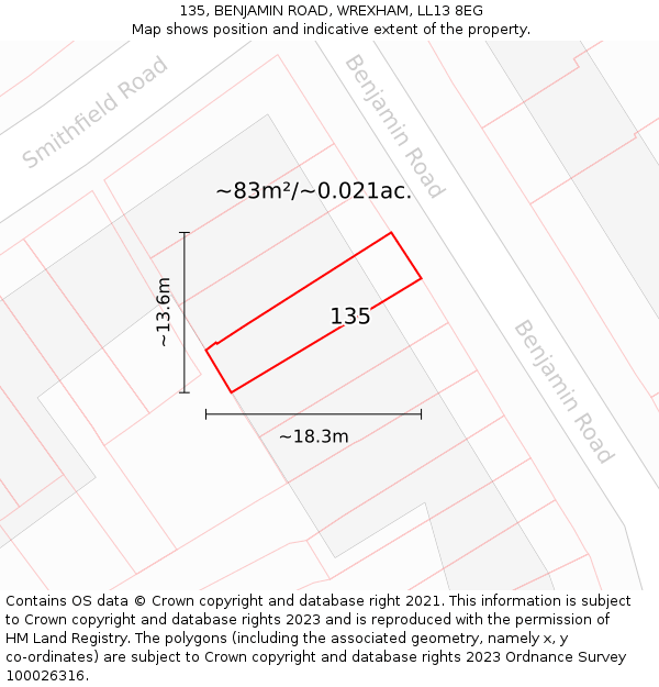 135, BENJAMIN ROAD, WREXHAM, LL13 8EG: Plot and title map