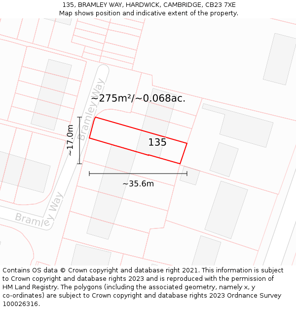 135, BRAMLEY WAY, HARDWICK, CAMBRIDGE, CB23 7XE: Plot and title map