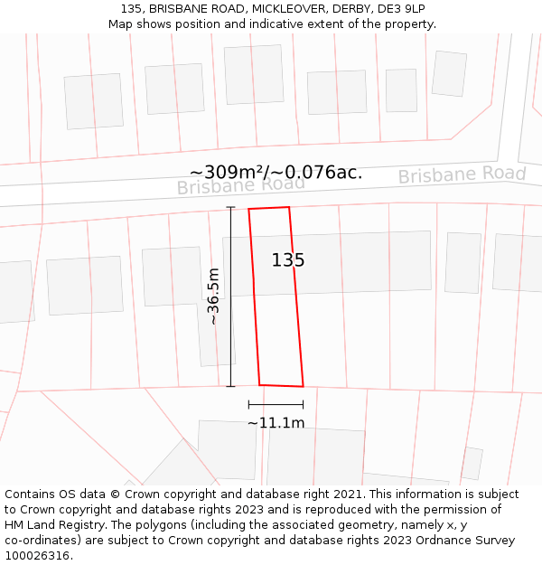 135, BRISBANE ROAD, MICKLEOVER, DERBY, DE3 9LP: Plot and title map
