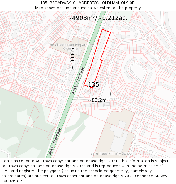 135, BROADWAY, CHADDERTON, OLDHAM, OL9 0EL: Plot and title map