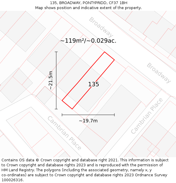 135, BROADWAY, PONTYPRIDD, CF37 1BH: Plot and title map