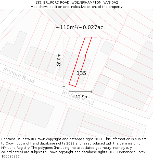 135, BRUFORD ROAD, WOLVERHAMPTON, WV3 0AZ: Plot and title map